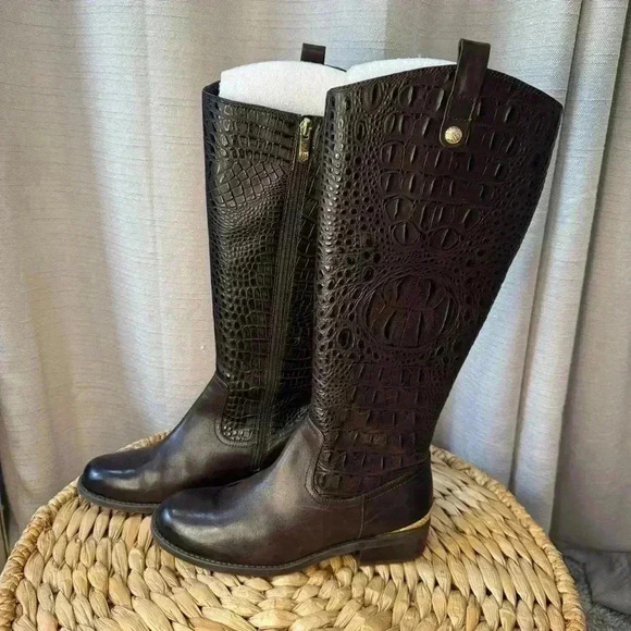 Vince Camuto Leather Alligator Embossed Riding Boots Brown Size 7 - Picture 1 of 11
